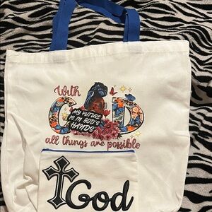 Inspirational White Tote Bag with Blue Handles